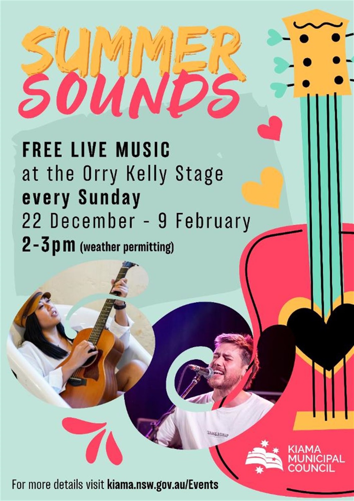 Promotional flyer featuring musicians and guitar graphic 