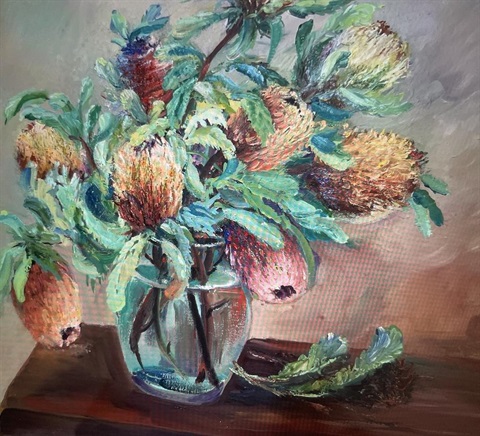 Painting of a vase of flowers containing natives such as the banksia flower