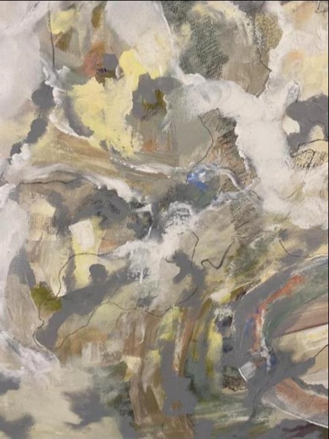 Oil painting of an abstract landscape in muted colours and tones