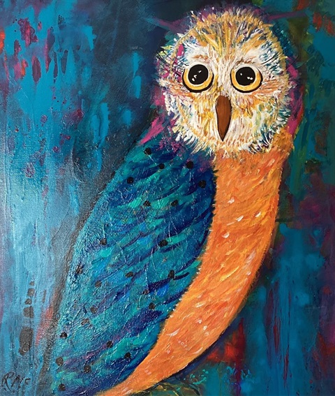 Bright, colourful painting of an owl 